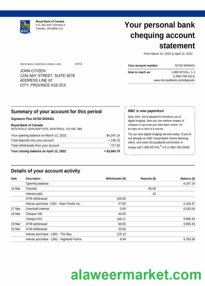 Canada Royal Bank of Canada (RBC) bank statement, Word and PDF template,version 3